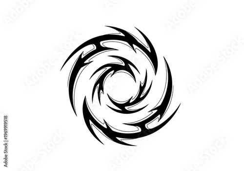 A bold, aggressive tribal swirl symbol with curved blades and a black outline is displayed on a white background.