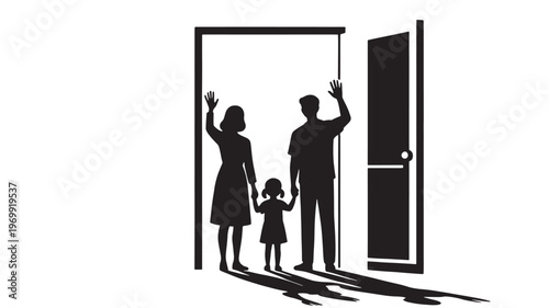 Silhouette of a Family Waving Goodbye While Standing in an Open Doorway