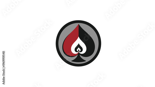A geometric emblem with a spade design using black, red, white, and gray tones within a circular frame