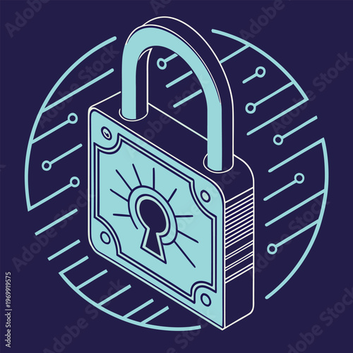 Digital lock icon with circuit board pattern with secure system