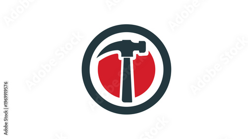 A hammer within a circle and a red inner background, with a dark blue outline