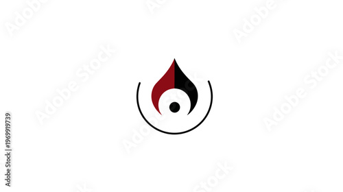 A simple icon featuring a divided flame shape and a small circle within a curved line