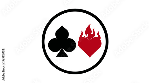 A black club symbol and a red flaming heart inside a black circle on a white background