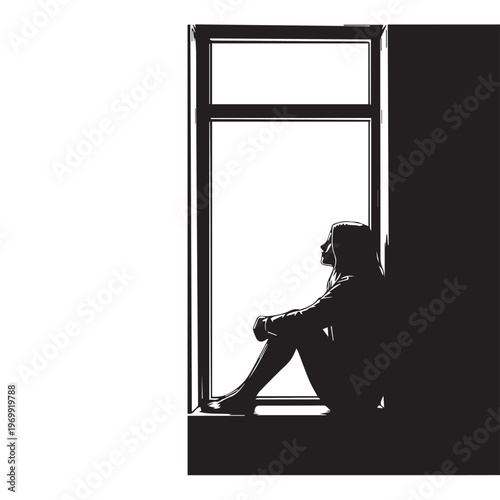 Depressed woman sitting by window, sadness and loneliness concept, silhouette illustration, mental health, emotional distress