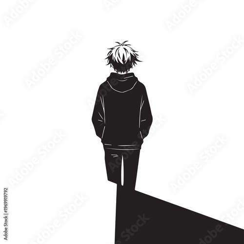 Anime man, walking alone, black and white illustration, vector character