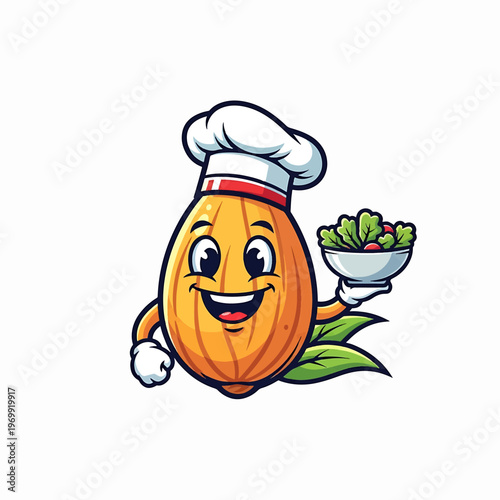 Cartoon Pumpkin Character Wearing Chef Hat Holding Salad.