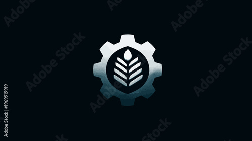 A cogwheel, textured, with a central emblem containing a stylized plant on a dark background