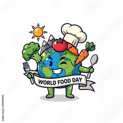 Cartoon Earth Character Celebrating World Food Day.