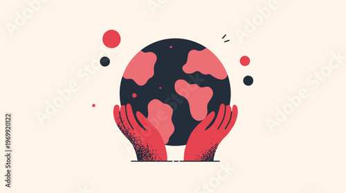 Illustration of hands cupping a globe, with dots and lines. Cool red, black, and beige colors