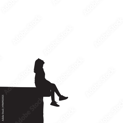 Silhouette of a person sitting on a ledge, alone figure, black silhouette, white background, minimalistic design