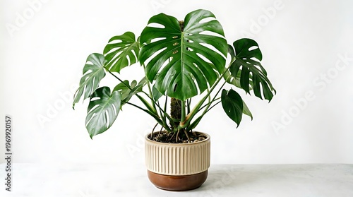 Monstera deliciosa plant in a beige and brown pot on a white surface against a white background