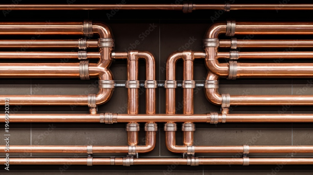 Fototapeta premium Intricate Arrangement of Copper Pipes Against a Dark Wall Showcasing Plumbing and Industrial Design Elements