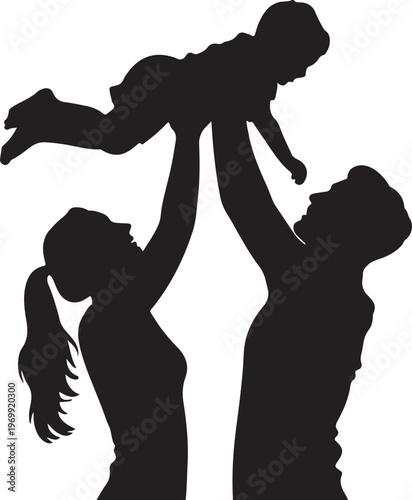 Silhouette of a happy family with parents lifting a child in the air