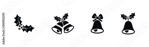 Christmas Bells and Mistletoe Twig Vector Icon Set