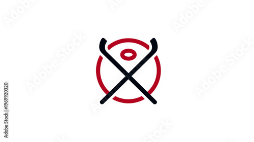 Hockey symbol black sticks cross inside a red circle with a small circle in the center