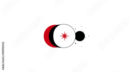 A geometric composition featuring celestial bodies in red, black, and white against a stark background