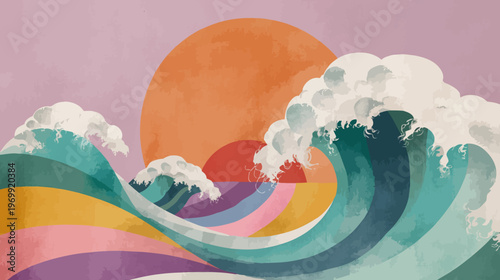 Stylized illustration of ocean waves in various colors with suns rising
