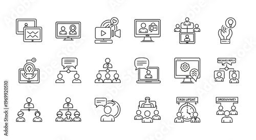 Comprehensive Set of Digital Communication and Online Collaboration Line Icons Highlighting Virtual Meetings, Teamwork, Networking, and Remote Business Operations