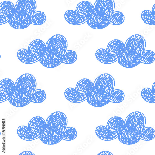 Seamless pattern of hand-drawn crayon clouds set. Kids print for preschool materials. Playful sky. Cute cartoon weather symbols. Vector illustration
