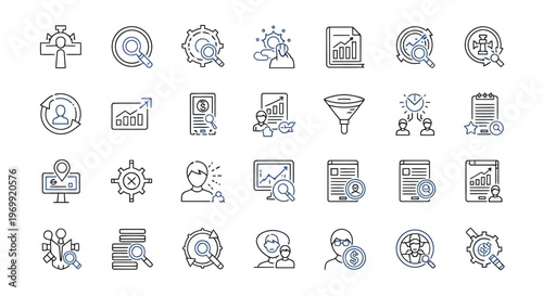 Business analysis and marketing strategy line icons set, illustrating data insights, financial growth, and operational management for modern professional projects