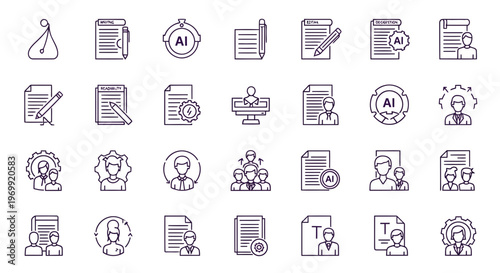 Professional Line Art Icon Set for Digital Business, Artificial Intelligence, and User Management Concepts – Modern Outline Vector Graphics for UI/UX Design Applications
