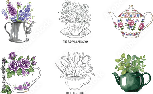 Hand Drawn Floral Teapot and Teacup Botanical Illustration Set with Roses, Tulips and Wildflowers Vintage Decorative Vector Collection