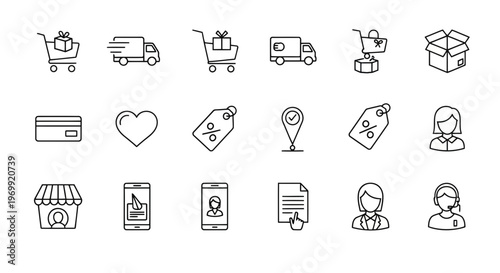 A comprehensive collection of outline vector icons representing the entire online shopping experience, from product selection and secure payment to efficient delivery and customer support