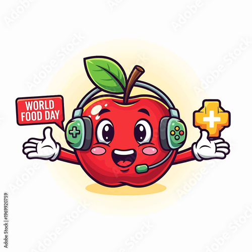 Cartoon Apple Character Celebrating World Food Day.
