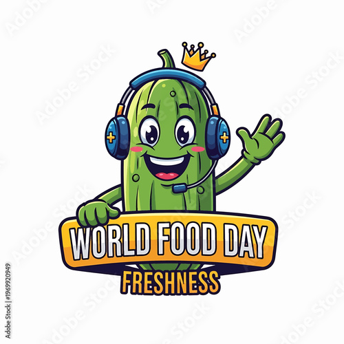 Cartoon Cucumber Character Celebrating World Food Day.