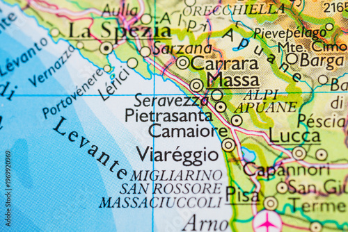 Photos Close up of La Spezia and Carrara on Italian Riviera map.