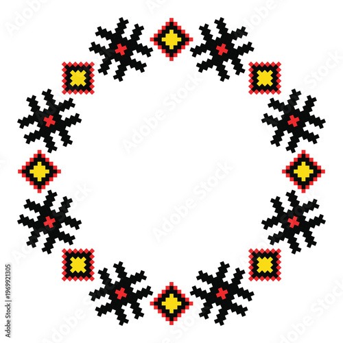 Circular pixel ornament with Lviv cross-stitch diamond embroidery motifs in red, black and yellow. Versatile round folk design