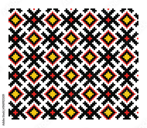 Geometric diamond motifs in red, black and yellow repeat endlessly. Seamless tile vector pattern with Lviv Ukrainian embroidery ornament