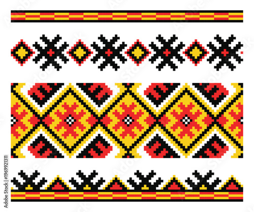 Vector pixel pattern set with authentic Lviv embroidery ornaments. Bold geometric diamonds in red, black and yellow