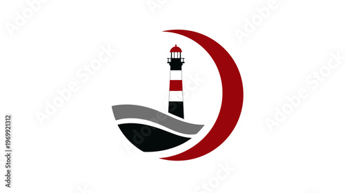 A geometric lighthouse design with red, black, and gray elements, set against a white background
