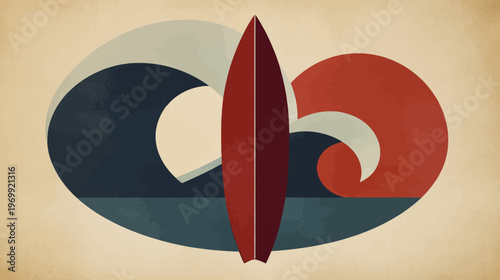 Stylized surf scene with a red surfboard centered, waves in blue, beige, and red hues