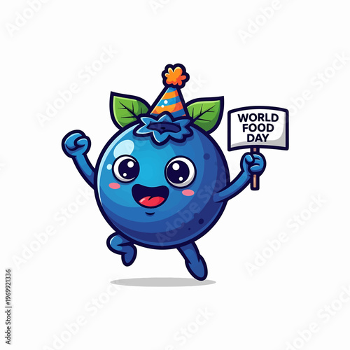 Cartoon Blue Berry Celebrating World Food Day.