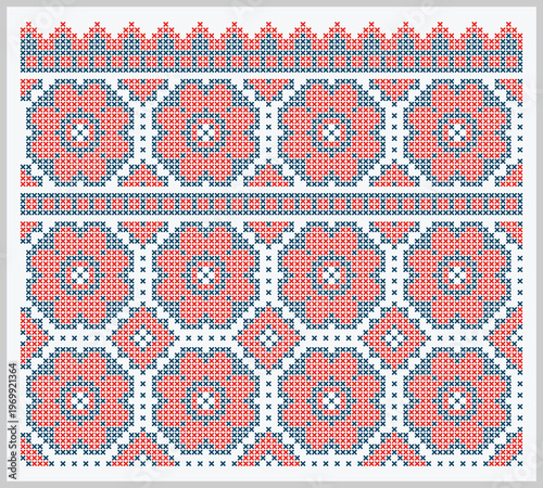 Traditional Ukrainian vyshyvanka cross-stitch embroidery pattern with repeated floral motifs and bordering in red and blue. Authentic Lviv folk design