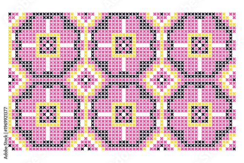 Modern adaptation of Ukrainian ornament from traditional embroidery pattern in cross stitch style