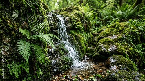 Small waterfall flowing over mossy rocks and ferns in a lush green forest with clear water and dense foliage all around  serene natural scenery