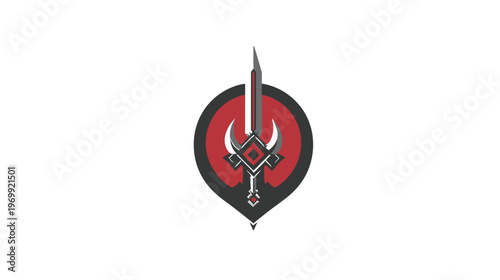 A crest featuring a sword piercing a shield shape. Red and gray elements. Geometric design