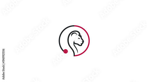 A minimalist logo featuring a lioness head inside a partially colored circle on a white background