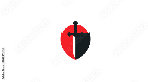 A black sword pierces through a shield divided into red and black halves, all on a white backdrop