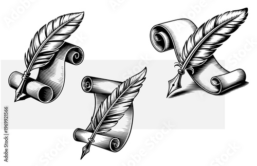 Quill pen and paper scroll set, feather ink pen with parchment, vintage woodcut engraving style, vector law and literature icons, classic writing tools