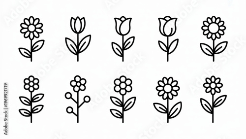 Simple Flower Icon Set – Minimal Botanical Line Vector Collection