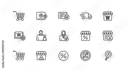 Comprehensive E-commerce Concept Icon Set with Outline Style for Online Shopping, Digital Business Operations, Delivery Services, and Customer Management