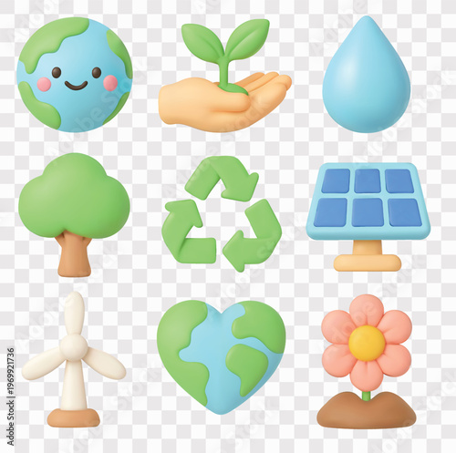 Ecology and Environmental Sustainability Vector Icon Set | 3D icon set | Earth, hand holding a sprout,water drop,tree, the recycle symbol,solar panel,wind turbine, a heart-shaped Earth,blooming flower