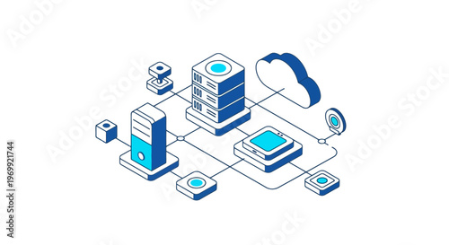 Isometric illustration representing cloud computing technology, data storage, and network infrastructure