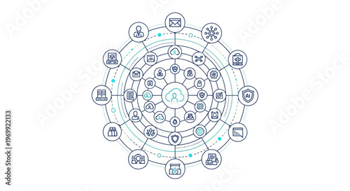 Abstract cloud technology network diagram with interconnected icons representing digital services and security measures
