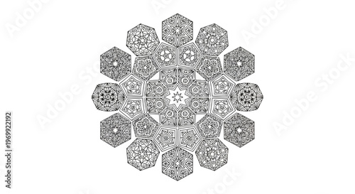 Intricate black and white geometric pattern, a complex mandala-like structure with numerous symmetrical hexagonal elements, creating a mesmerizing abstract design for artistic projects