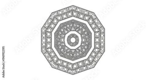 Intricate geometric mandala pattern with a symmetrical radial design, perfect for digital art and cultural applications